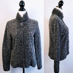 COUNTRY SHOP Sweater Jacket, Black White Lamb's Wool Rabbit Hair Fringe Boho, S